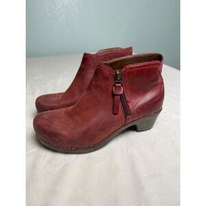 Dansko Red Leather Ankle Boots Side Zip Clog Booties Women 36 5.5-6
